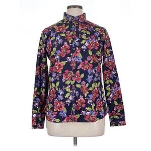 Lands End 16 Navy Blue Red Floral No Iron Long Sleeve Button Shirt Top Cotton